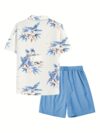 Model wearing the Riviera Escape Mens Hawaiian Outfit a stylish and breezy Hawaiian shirt and shorts perfect for summer adventures