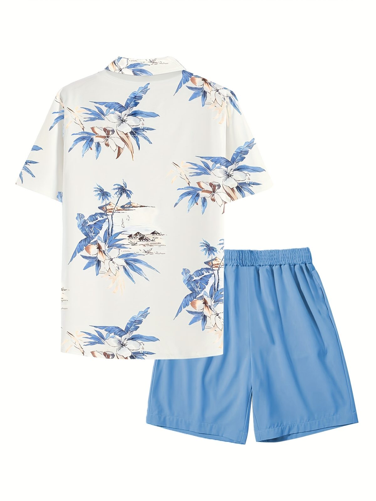 Model wearing the Riviera Escape Mens Hawaiian Outfit a stylish and breezy Hawaiian shirt and shorts perfect for summer adventures
