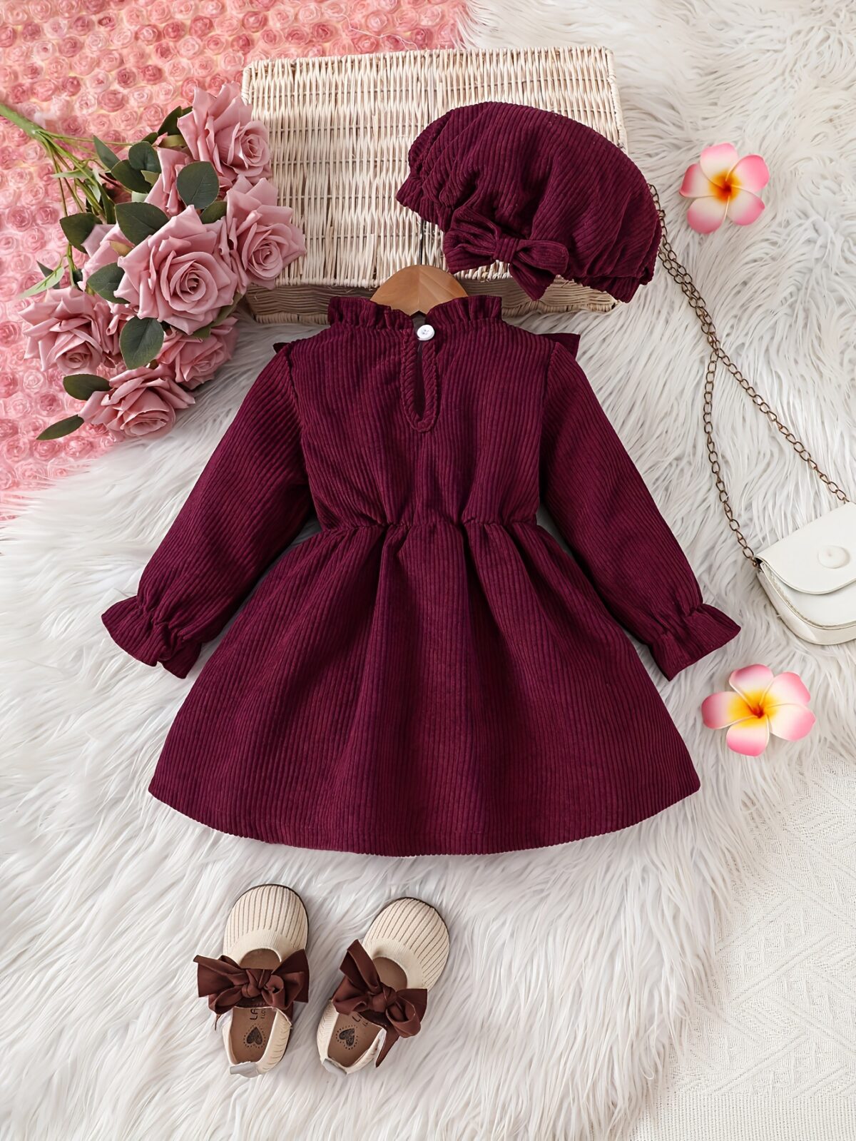 Adorable baby girl wearing a charming corduroy dress perfect for playtime or special occasions
