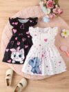 Adorable summer baby girl dress in a delightful heart and animal print Perfect for sunny days and special occasions