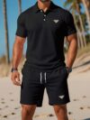 Newness Riviera Escape Mens Navy Polo Set A stylish navy polo shirt and shorts set perfect for summer The model is wearing the set looking relaxed and confident