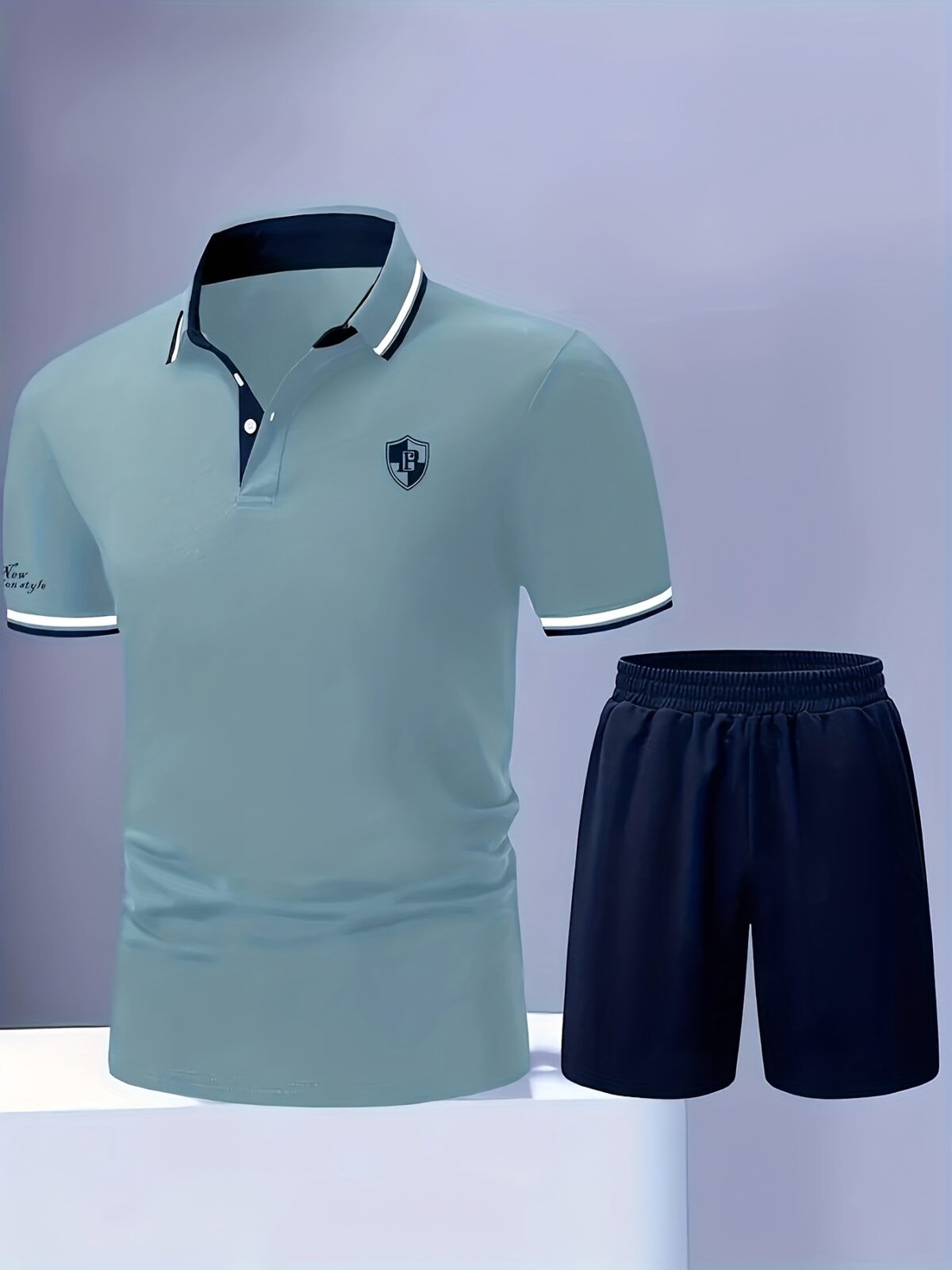 Newness Riviera Escape Mens Summer Set A stylish and comfortable two piece outfit perfect for summer Model showcases the breathable polyester fabric and modern look