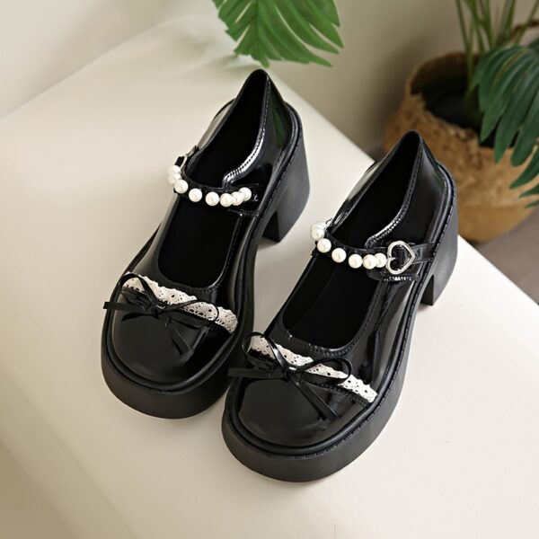Elevate your style with Newnesss Chunky Heel Pearl Flats These versatile flats feature elegant pearls and a comfortable chunky heel perfect for weddings parties or everyday wear