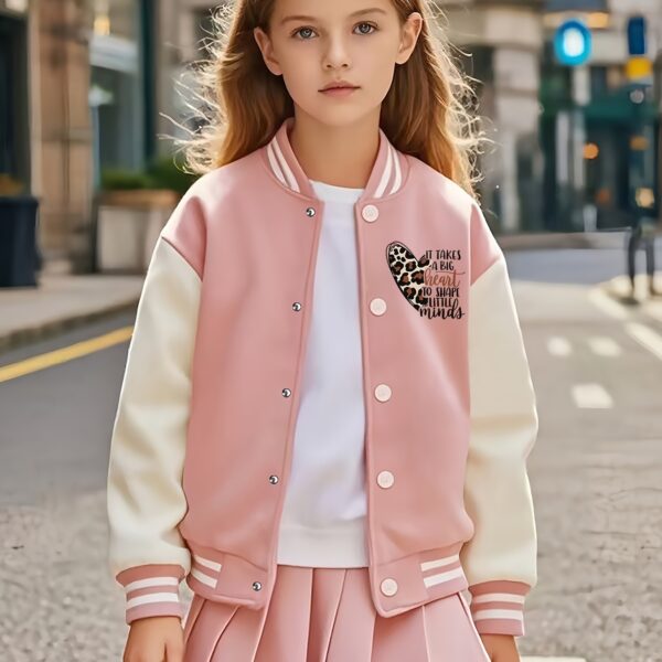Lilac leopard heart varsity jacket and skirt set. Stylish girls' outfit featuring a lilac jacket with heart details and a leopard print skirt. Perfect for fall/winter.