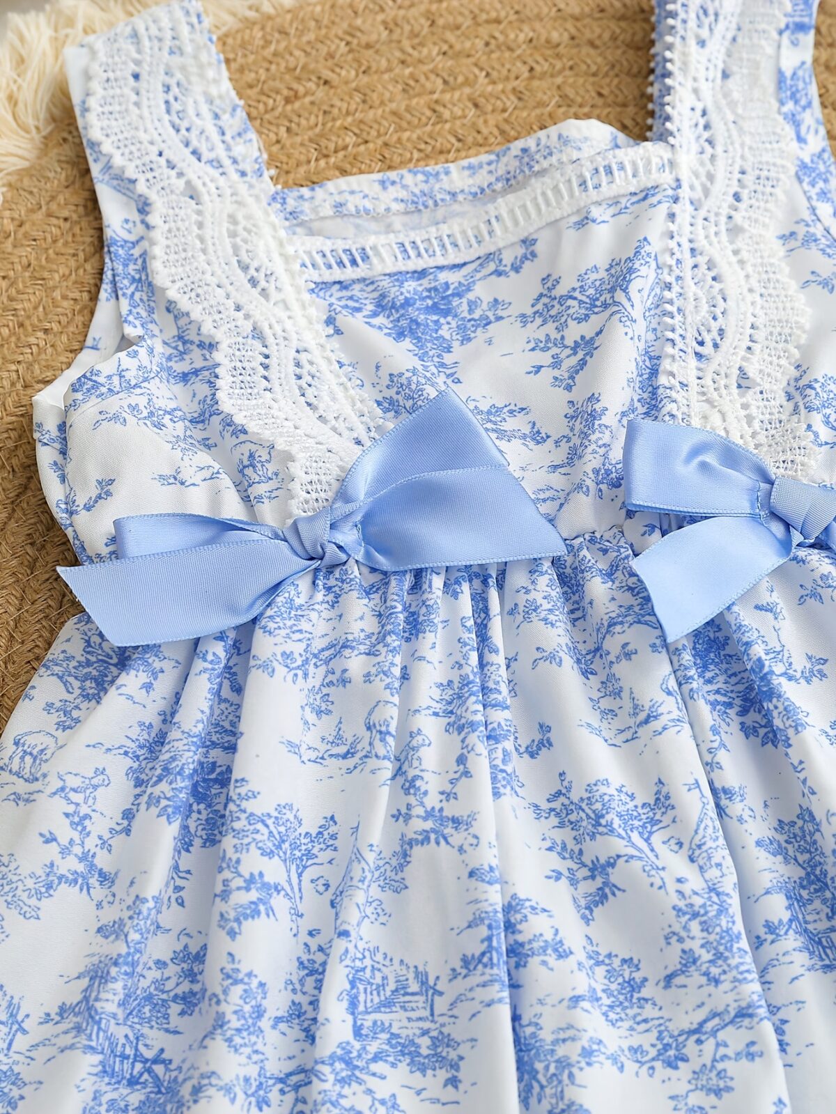 Model wearing a charming Provence Summer Bow Dress in a field of flowers The dress features a flattering silhouette and a cute bow