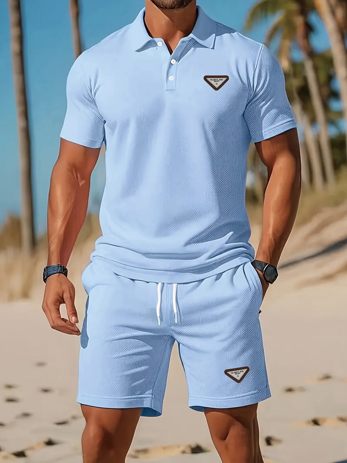 Newness Riviera Escape Mens Navy Polo Set A stylish navy polo shirt and shorts set perfect for summer The model is wearing the set looking relaxed and confident