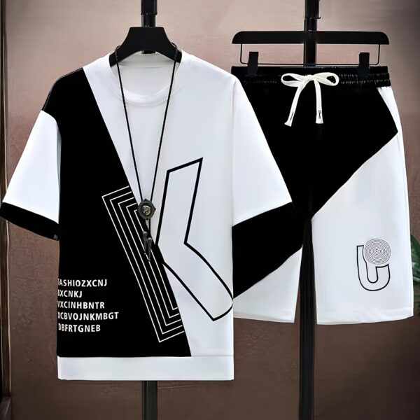 Model wearing the Newness Urban Edge Mens Color Block Set a trendy and comfortable summer outfit perfect for any occasion The color block design is stylish and modern