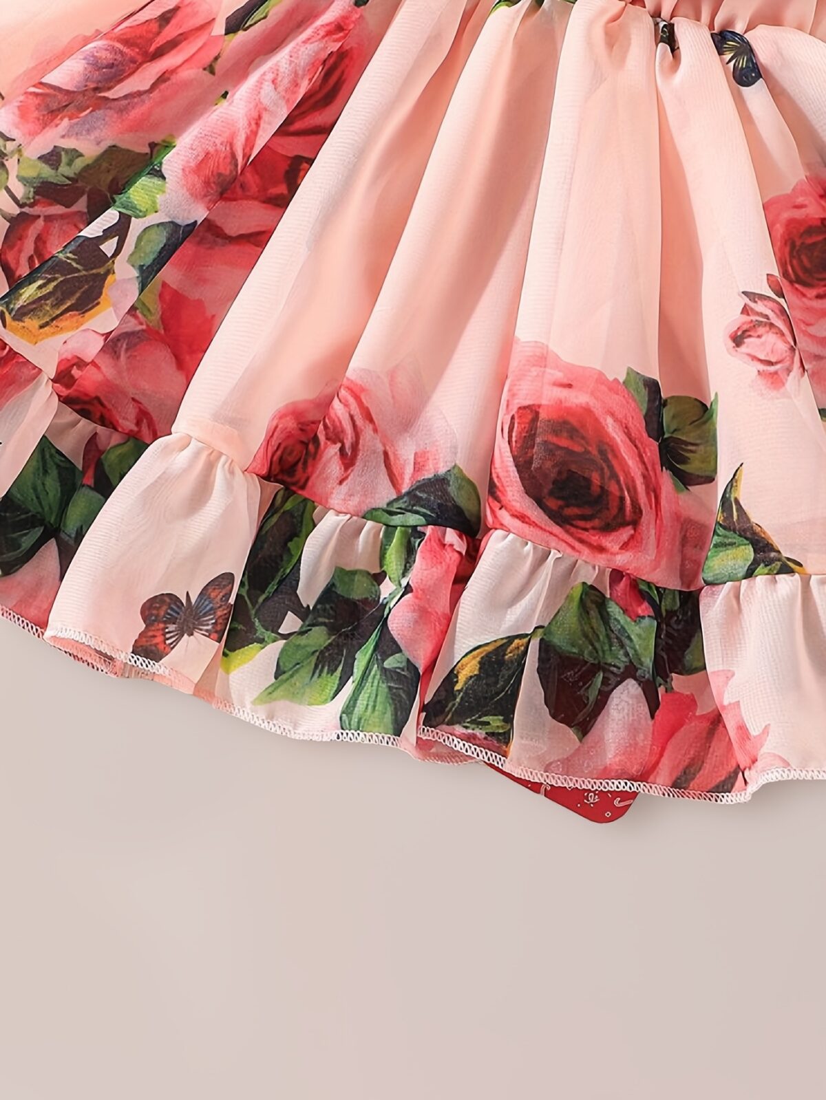 Adorable little girl twirling in a beautiful rose garden floral print dress Perfect summer outfit for kids