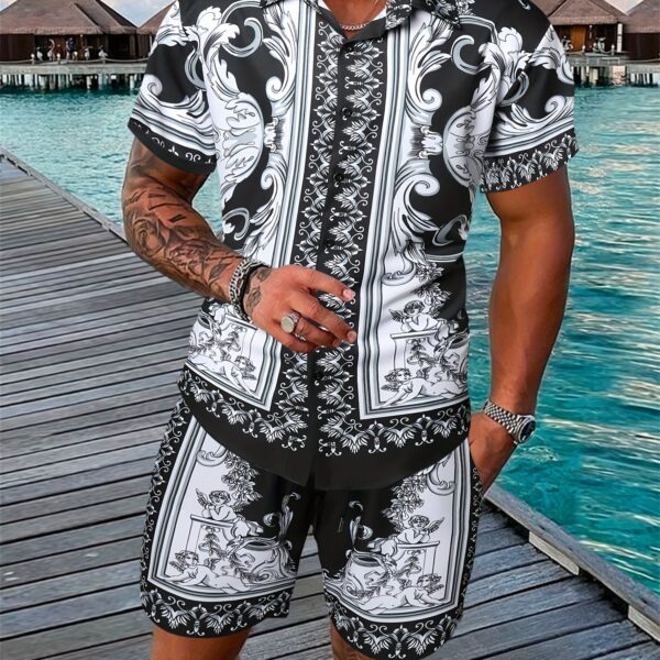 Geometric print two piece set in a comfortable polyester blend Model wears a chic modern summer outfit
