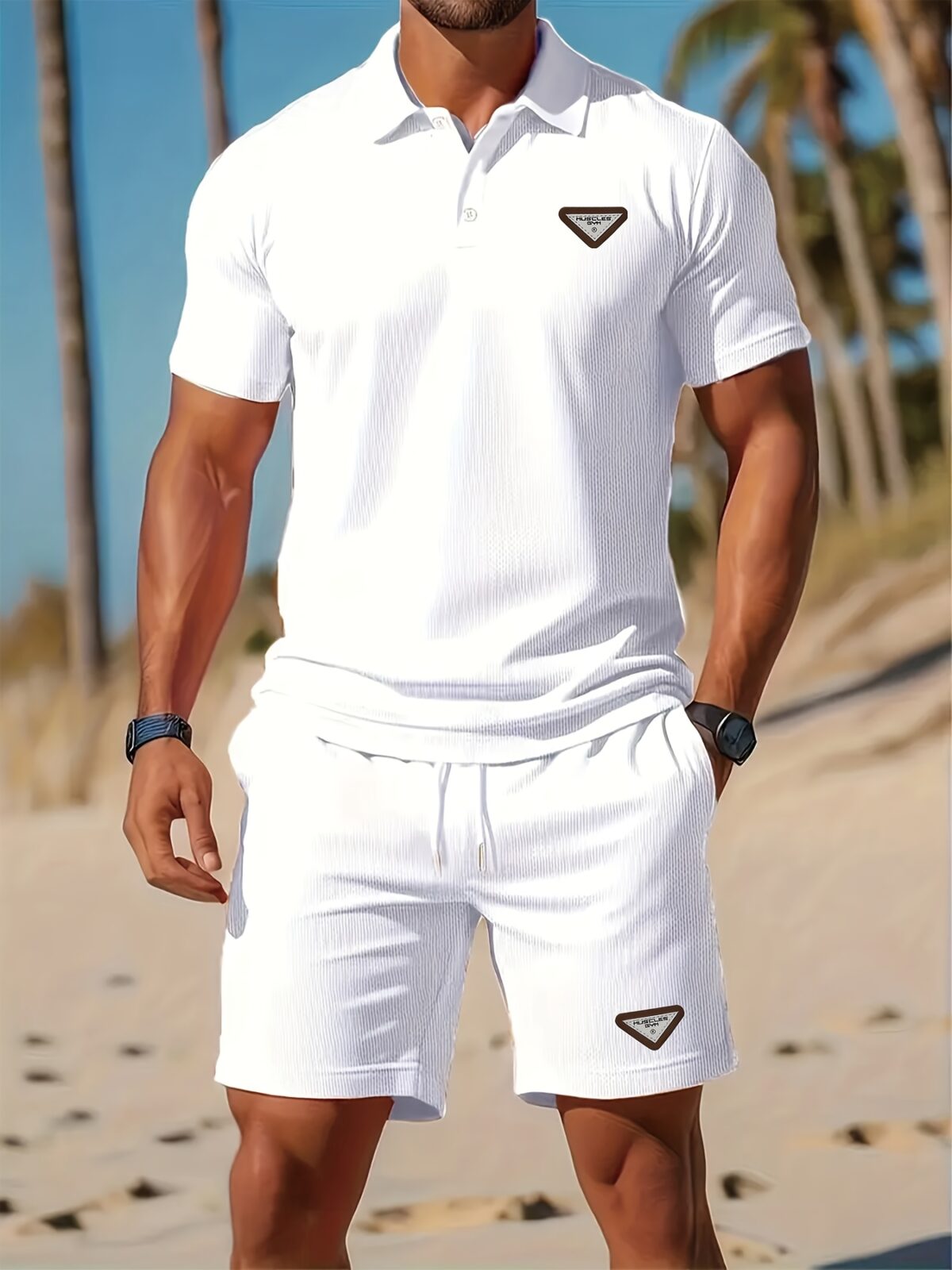 Newness Riviera Escape Mens Navy Polo Set A stylish navy polo shirt and shorts set perfect for summer The model is wearing the set looking relaxed and confident