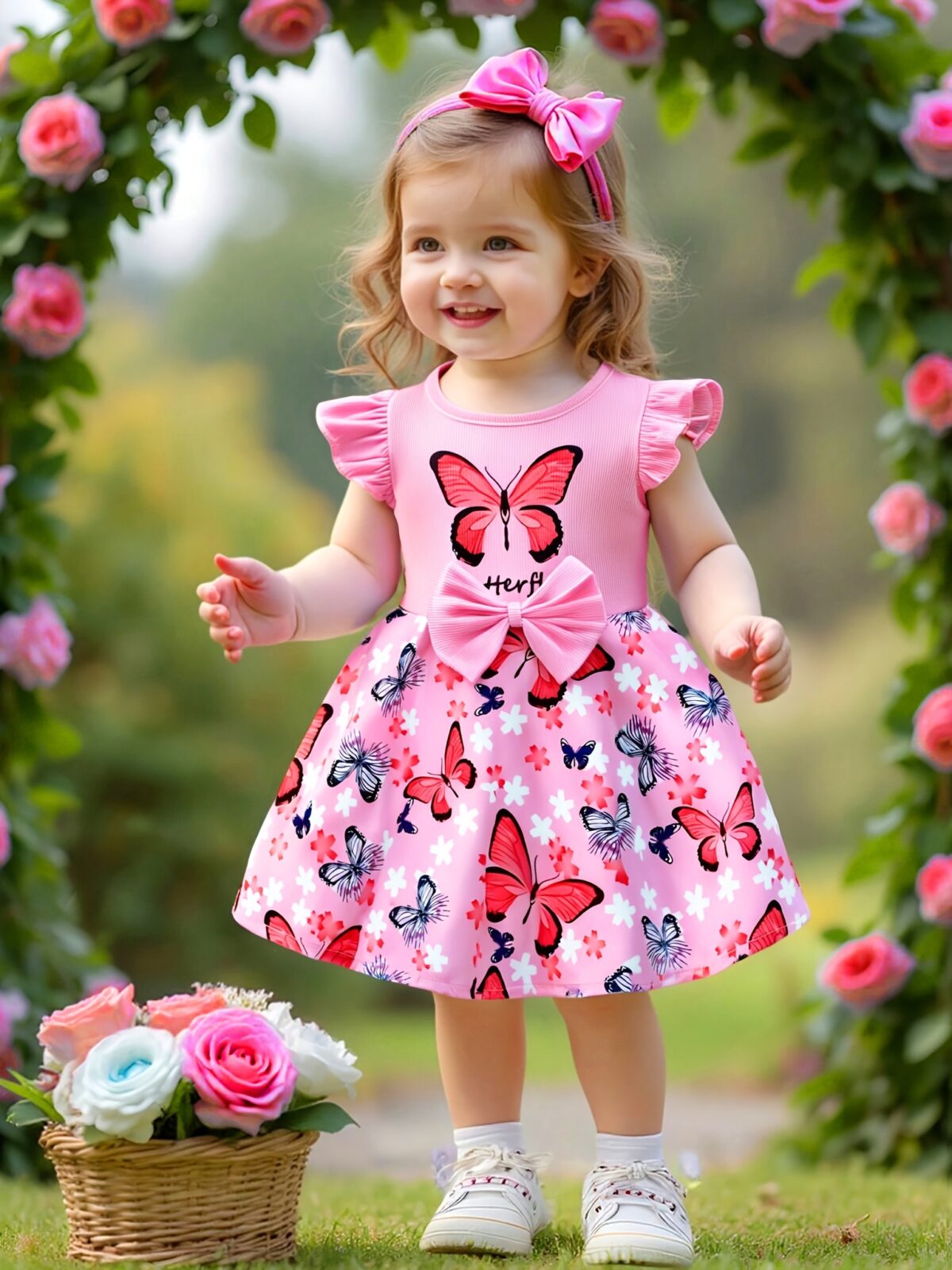 Adorable baby girl in a lavender butterfly dress perfect for summer Newness