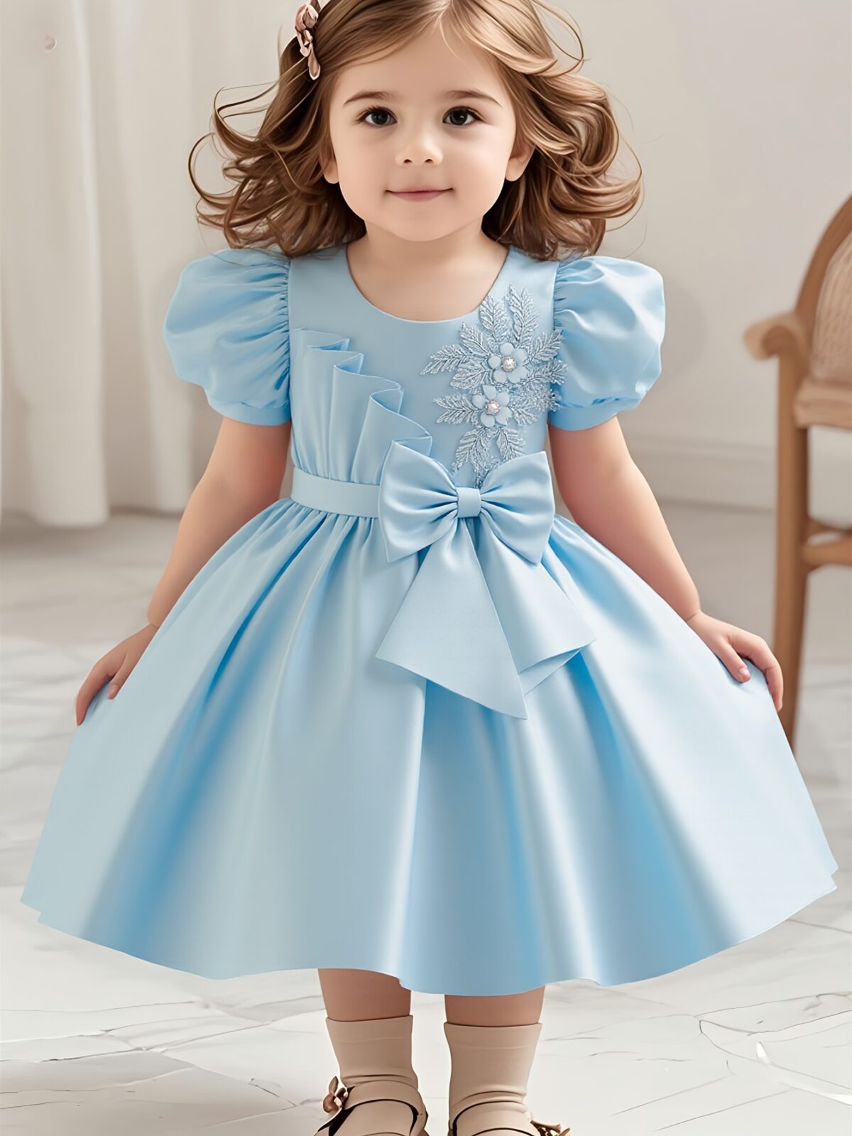 Adorable girl twirling in a lavender colored party dress perfect for birthdays and special occasions The dress features exquisite detailing and a flattering silhouette
