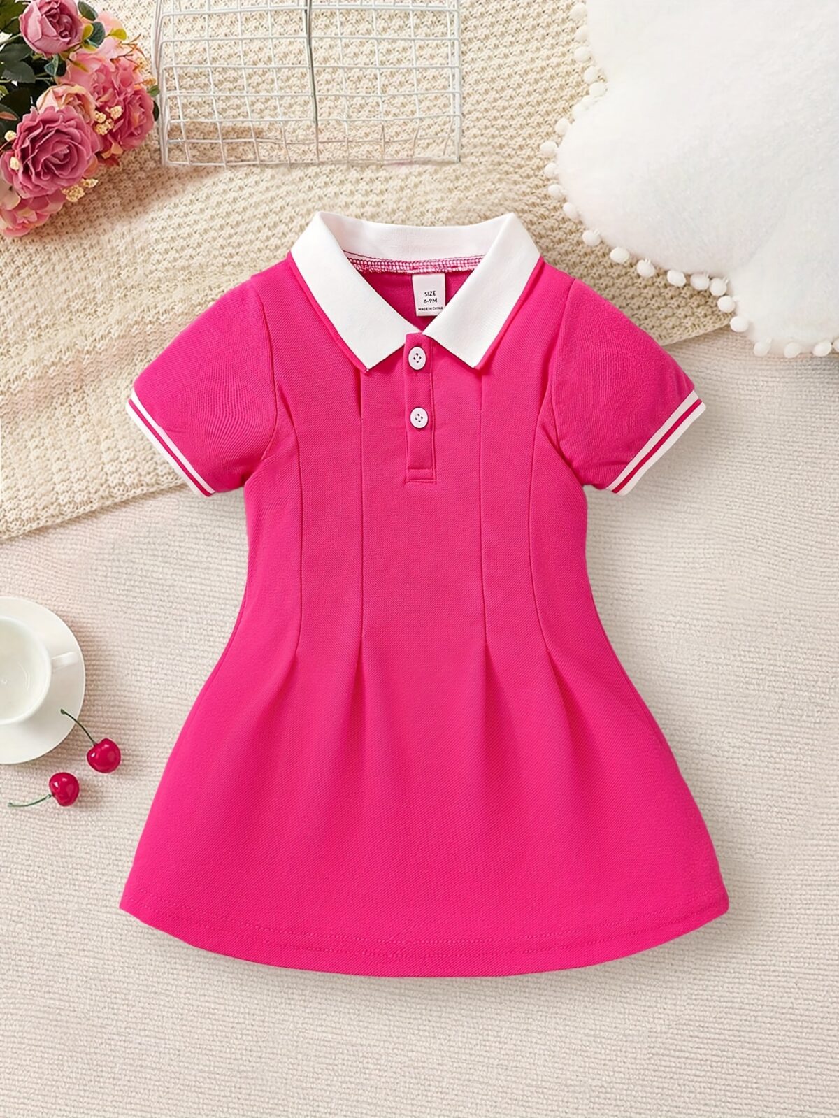 Adorable baby girl in a charming rose patterned summer dress perfect for playdates or special occasions