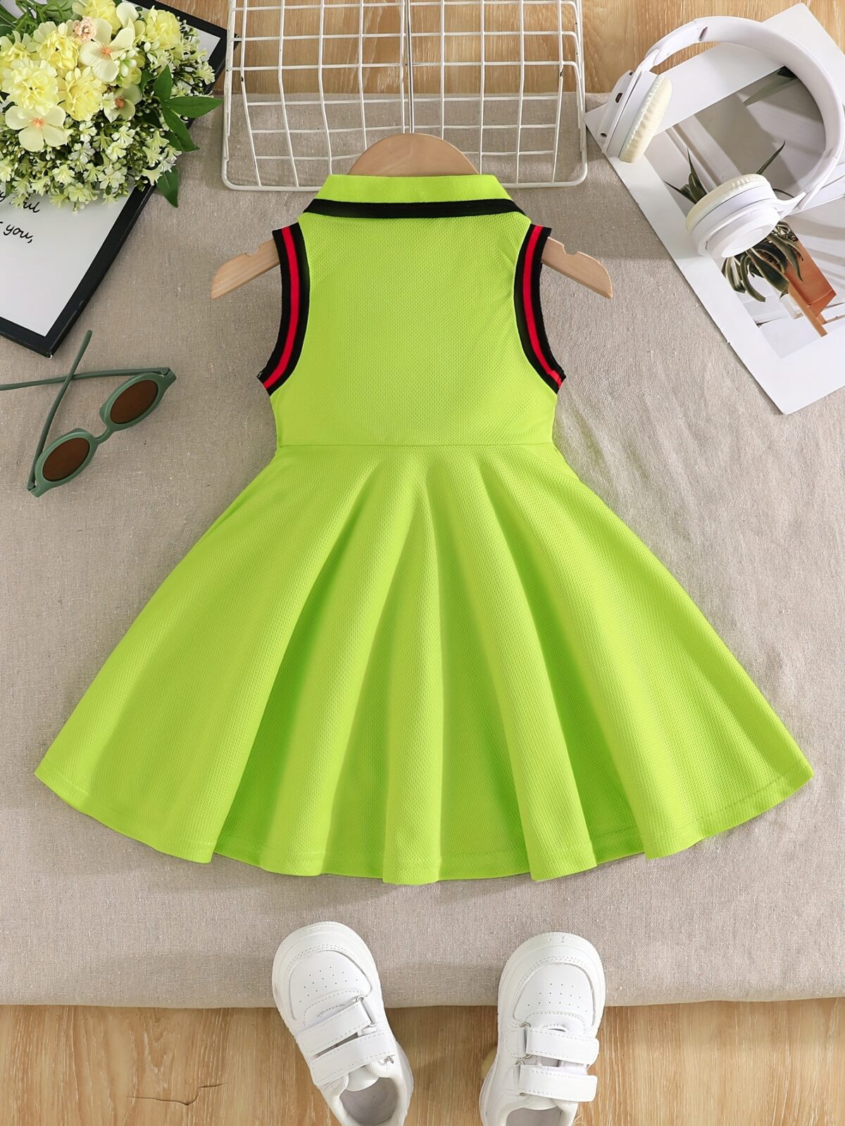 A little girl smiles while wearing a vibrant lime green dress Perfect summer outfit for girls