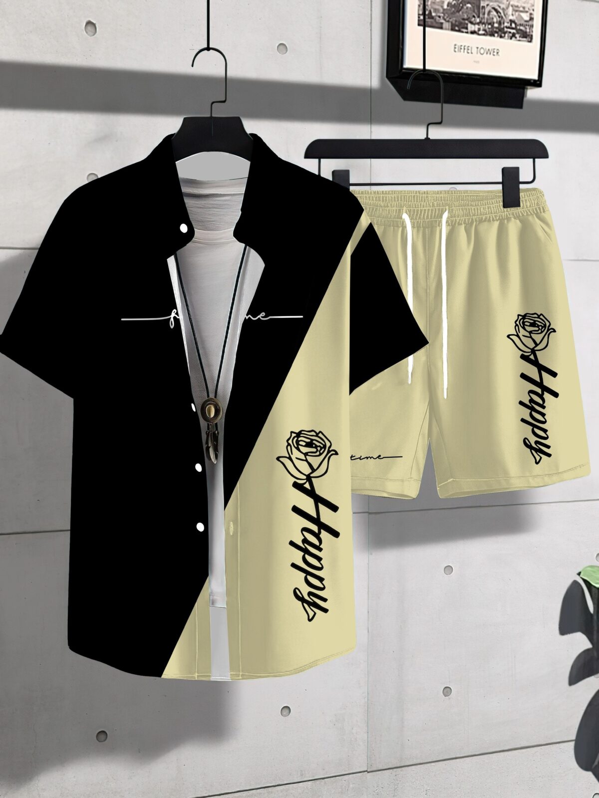 Stylish monochrome printed shirt and shorts set in breathable polyester perfect for summer Model is wearing the matching shirt and shorts
