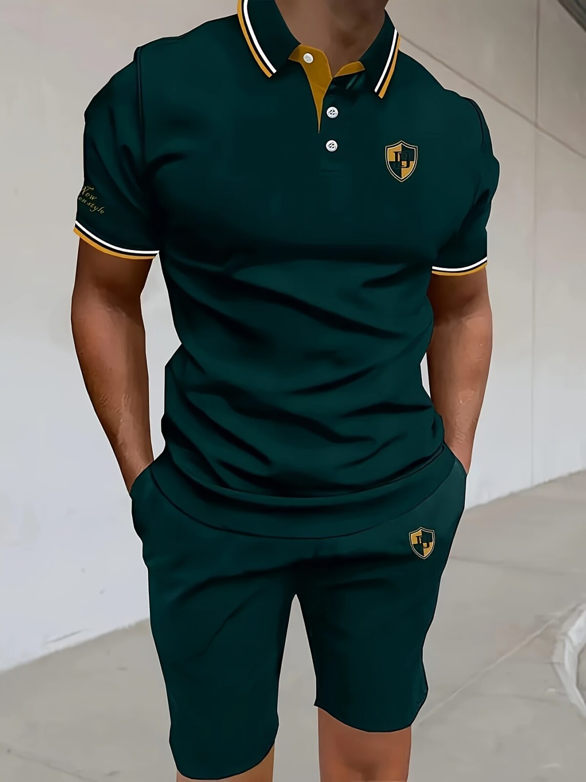 Newness Riviera Escape Mens Summer Set A stylish and comfortable two piece outfit perfect for summer Model showcases the breathable polyester fabric and modern look