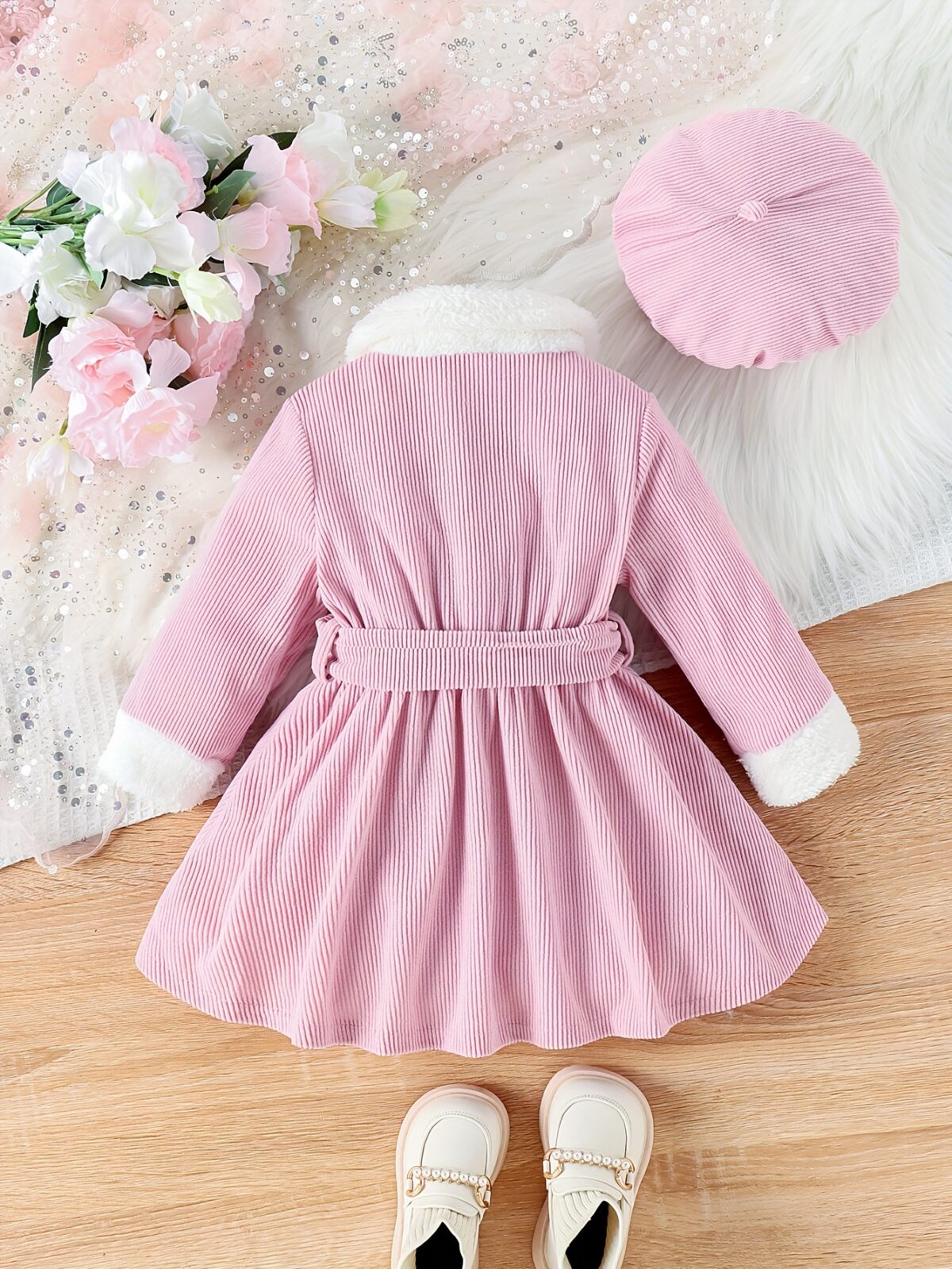 Adorable baby girl wearing a cozy corduroy dress set in fall colors perfect for autumn and winter The outfit includes a dress and matching pants