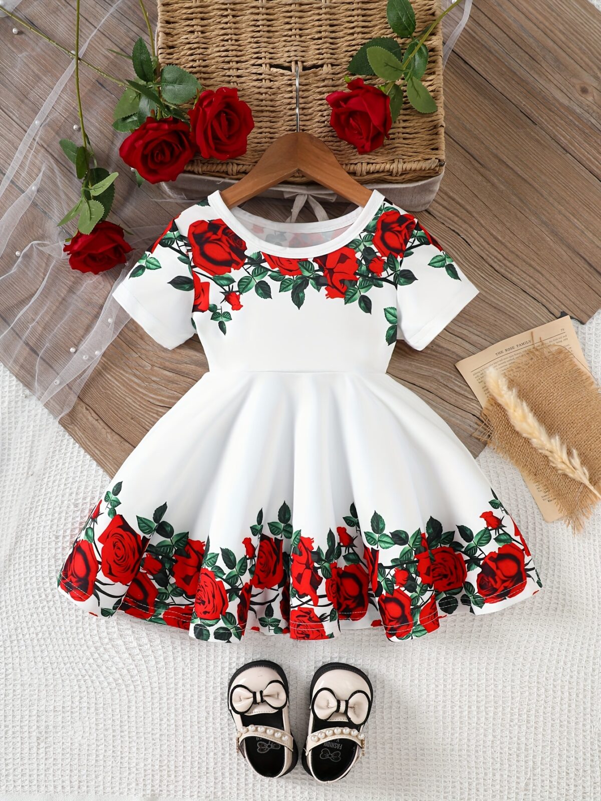 Adorable baby girl wearing a Rosalind floral print dress from Newness The dress features a charming floral pattern and is perfect for special occasions or everyday wear