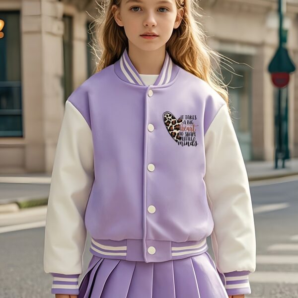 Lilac leopard heart varsity jacket and skirt set Stylish girls outfit featuring a lilac jacket with heart details and a leopard print skirt Perfect for fallwinter
