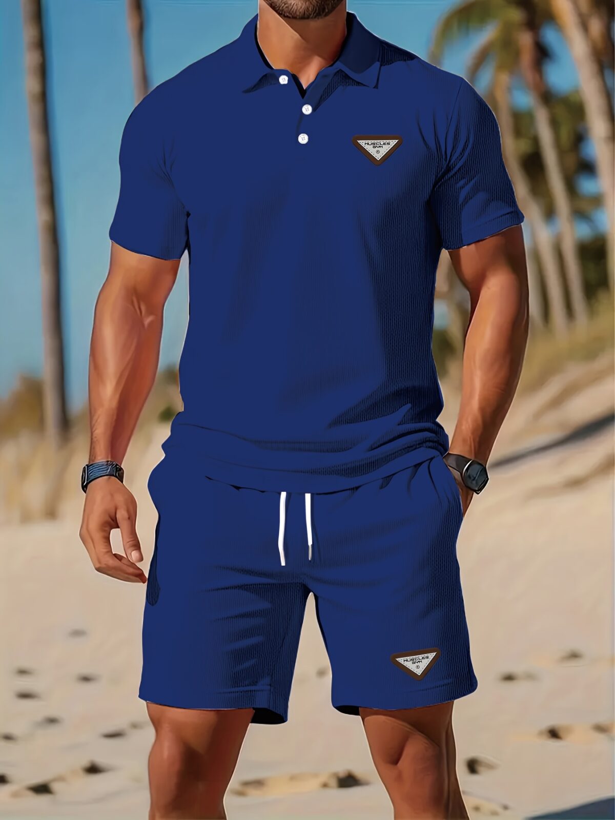 Newness Riviera Escape Mens Navy Polo Set A stylish navy polo shirt and shorts set perfect for summer The model is wearing the set looking relaxed and confident