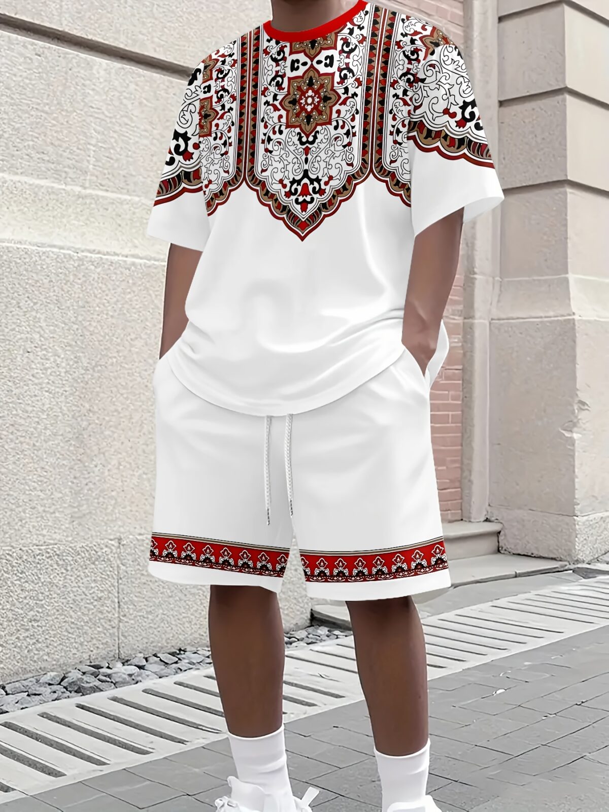 Model wearing Newness Dubai Nights Mens Print Set a stylish lightweight polyester outfit perfect for summer