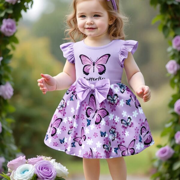 Adorable baby girl in a lavender butterfly dress perfect for summer Newness