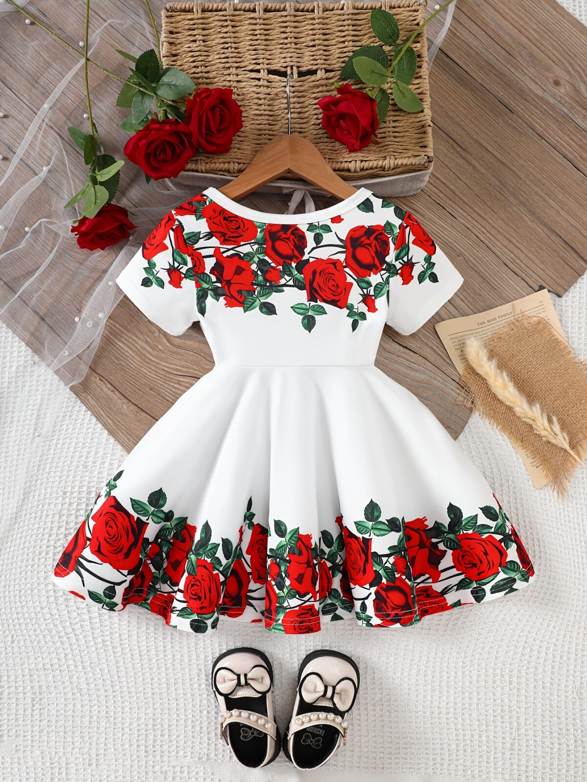 Adorable baby girl wearing a Rosalind floral print dress from Newness The dress features a charming floral pattern and is perfect for special occasions or everyday wear