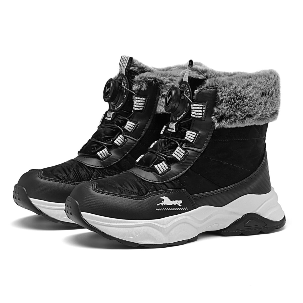 Kids wearing stylish and warm FANGFIUP Explorer Winter Boots playing in the snow