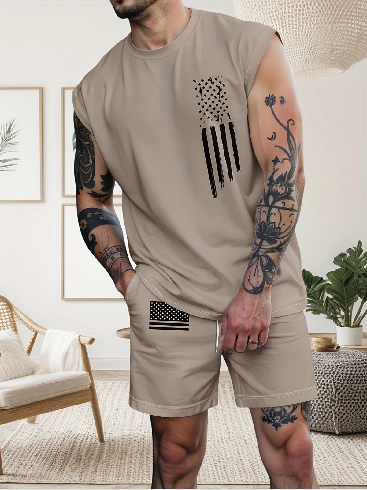 Stylish mens summer suit featuring a sleeveless vest and shorts in a distressed American flag print Perfect for training or casual wear