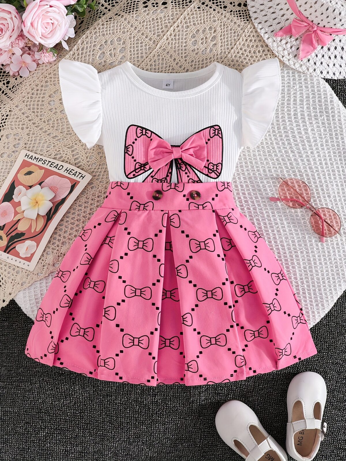 Adorable girls summer outfit Newnesss Summer Playdate Bow Skirt Set A charming two piece set featuring a stylish bow skirt and coordinating top