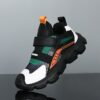 Newness Velocity Stripe Boys Running Shoes Lightweight breathable running shoes perfect for school and play Image shows stylish blue and white striped shoes