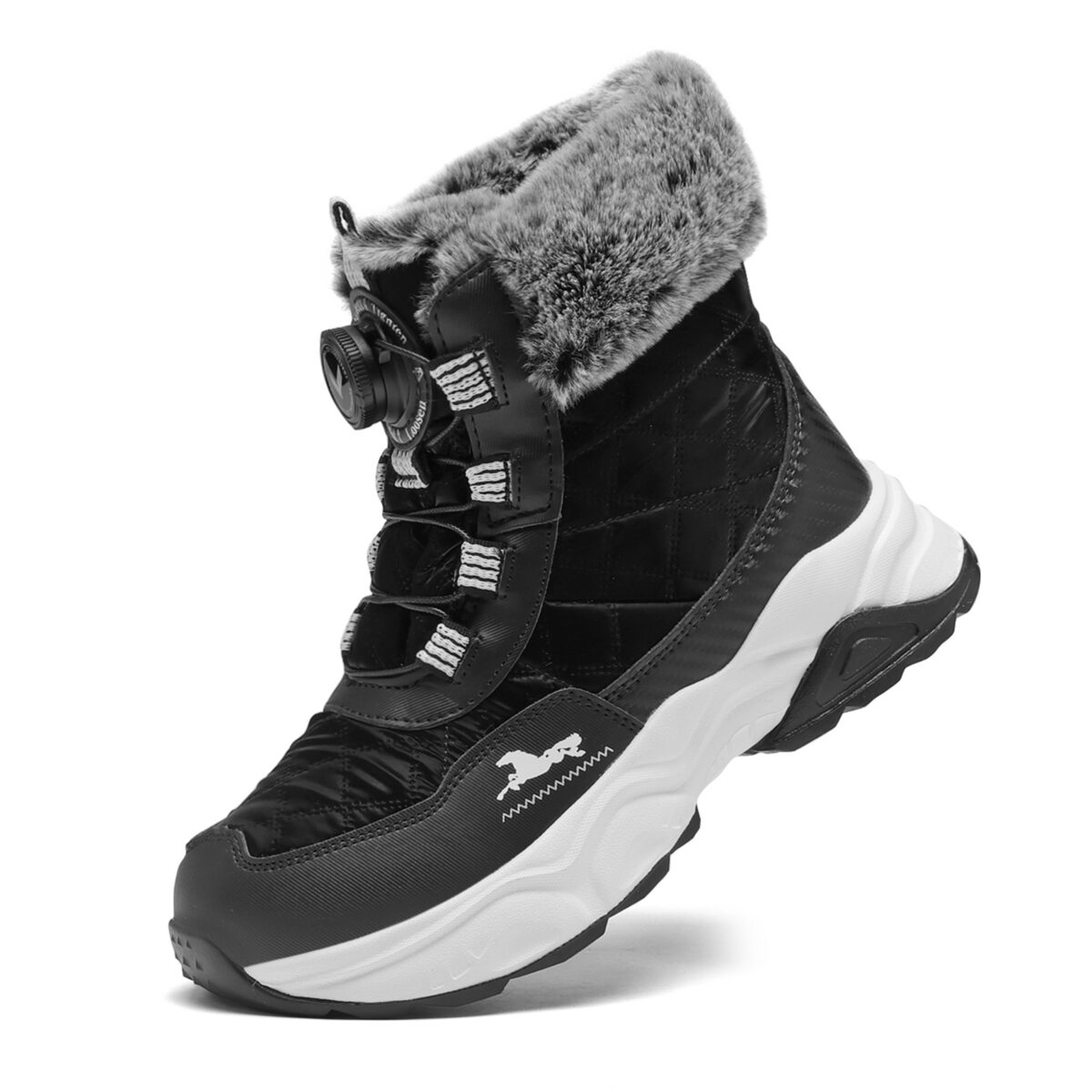 Kids wearing stylish and warm FANGFIUP Explorer Winter Boots playing in the snow