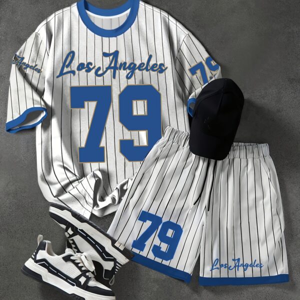 Stylish mens summer set in a striped design perfect for channeling cool LA vibes The Newness Los Angeles Striped Mens Summer Set features a comfortable and breathable fabric ideal for warm weather