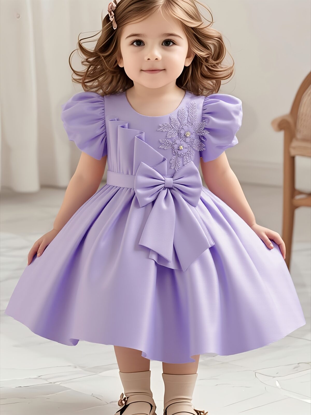 Adorable girl twirling in a lavender colored party dress perfect for birthdays and special occasions The dress features exquisite detailing and a flattering silhouette
