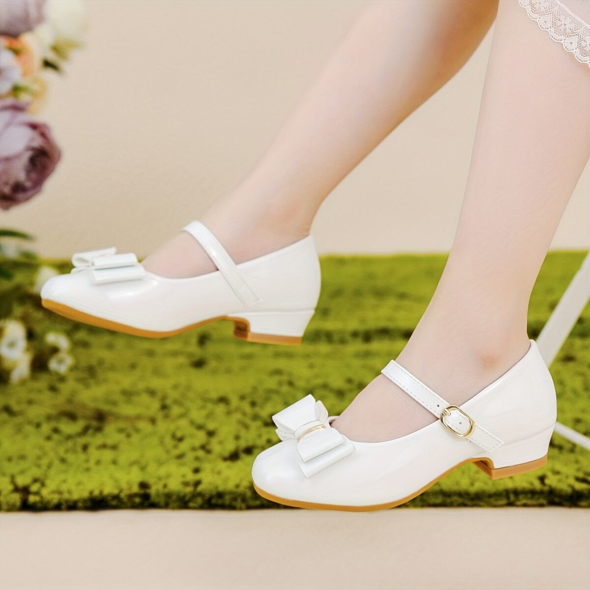 Newness Classic Bow Girls Mary Janes in ivory Elegant Mary Jane shoes with a delicate bow perfect for weddings and parties