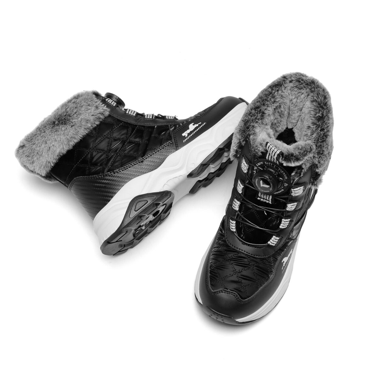 Kids wearing stylish and warm FANGFIUP Explorer Winter Boots playing in the snow
