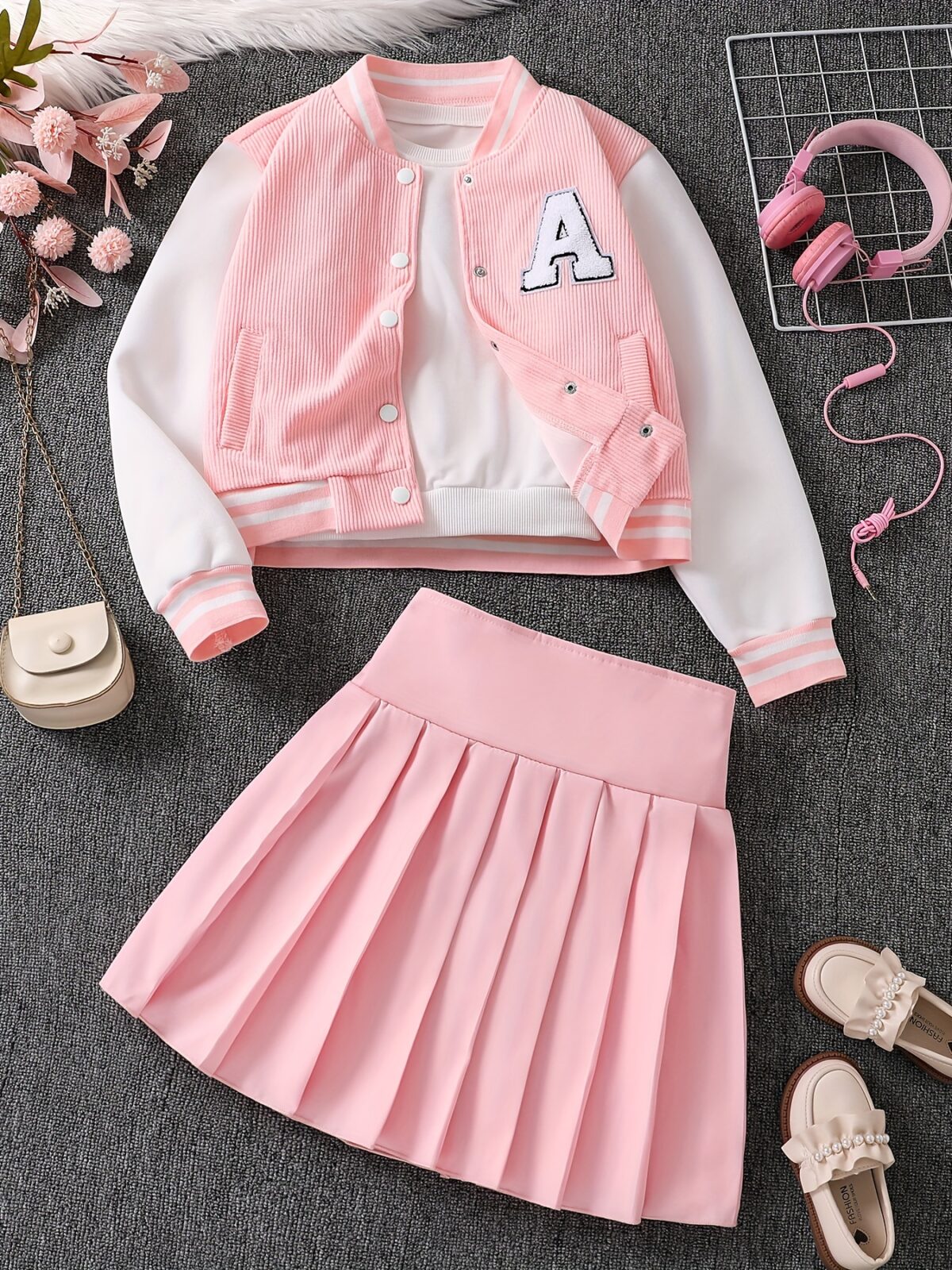 Adorable Pastel Dreams Preppy Skirt Set in soft pastel colors perfect for spring or fall The set includes a matching top and skirt ideal for girls
