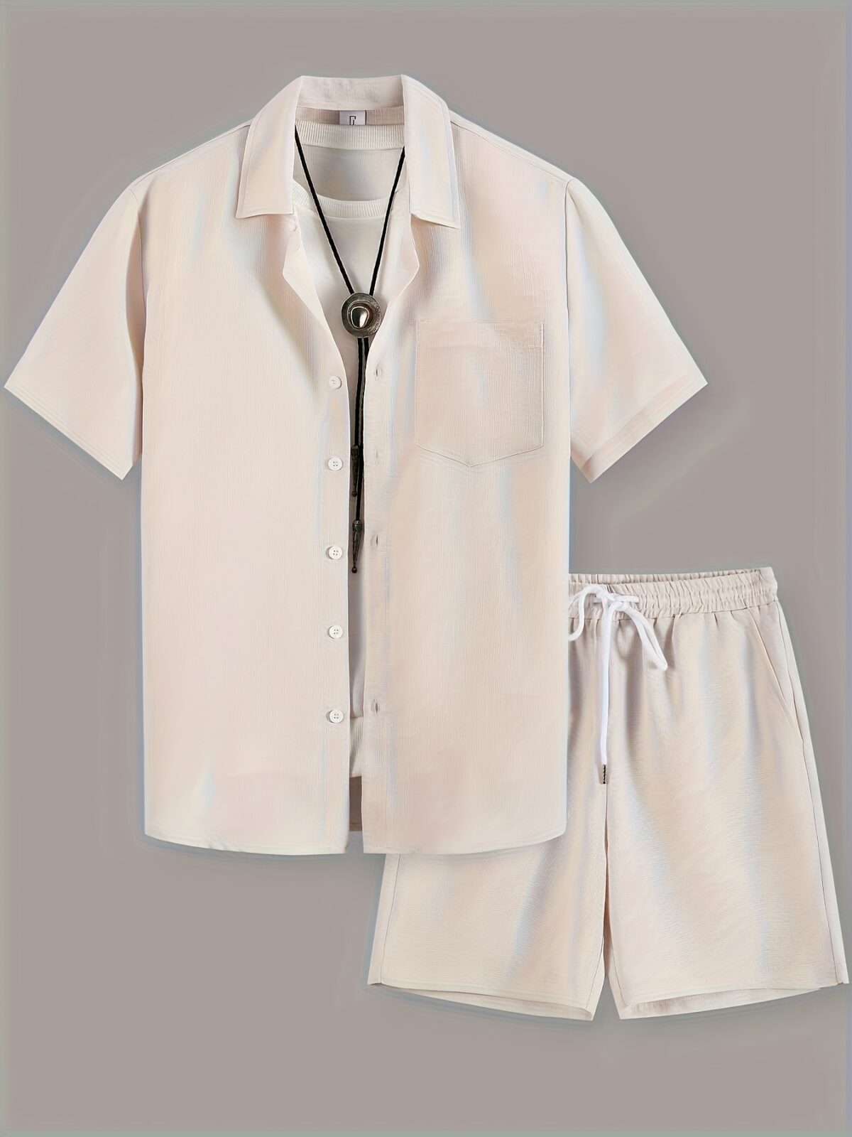 Effortless Chic Mens Summer Set in breathable polyester perfect for warm weather Model showcasing the stylish two piece outfit