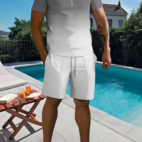 Stylish womens ombre print resort set in breathable polyester Model showcases the two piece outfit a flowy top and matching shorts ideal for summer