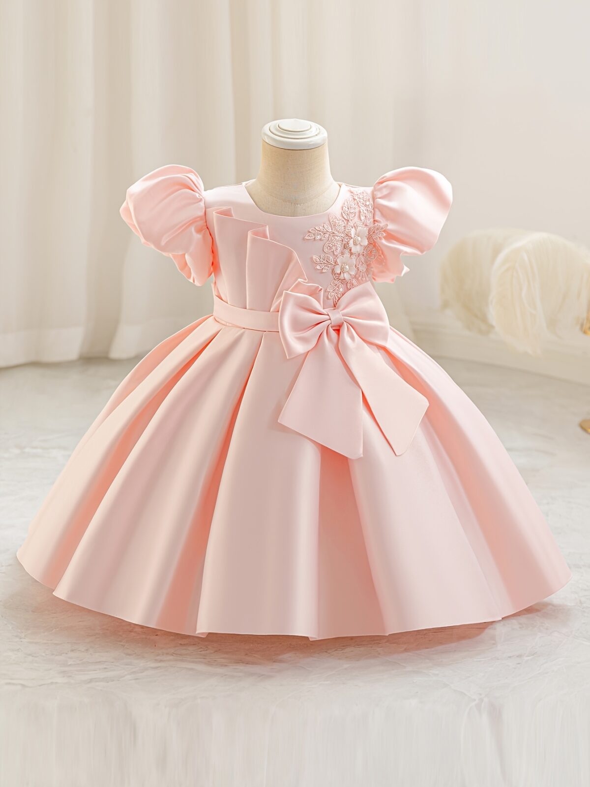 Adorable girl twirling in a lavender colored party dress perfect for birthdays and special occasions The dress features exquisite detailing and a flattering silhouette