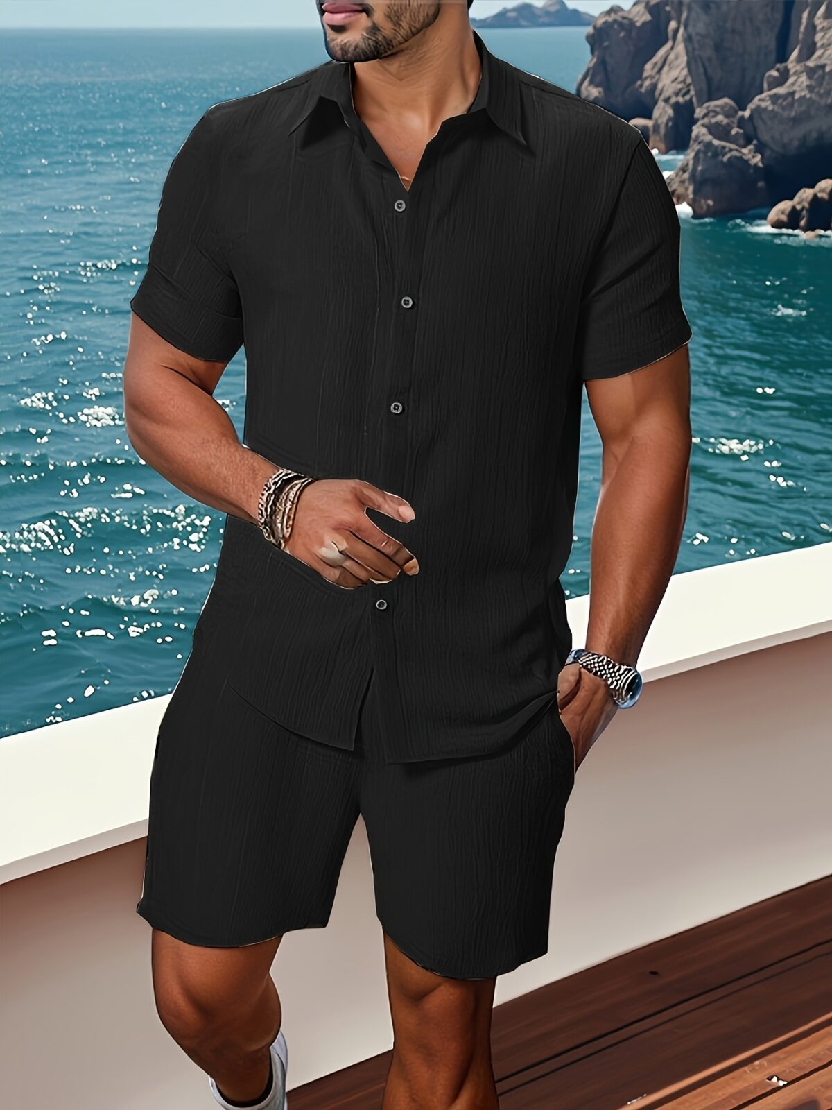 Effortless Chic Mens Summer Set in breathable polyester perfect for warm weather Model showcasing the stylish two piece outfit