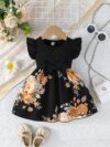 Adorable girl wearing a vibrant Summer Bloom floral print dress perfect for summer The dress features a playful colorful floral pattern