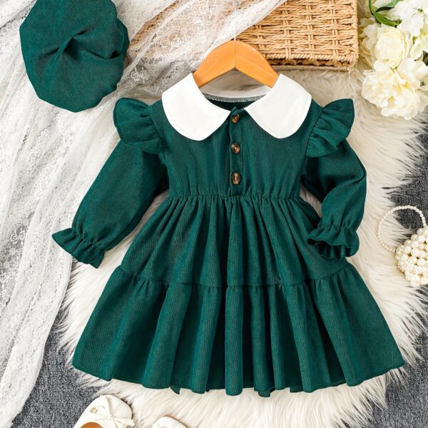 Adorable Emerald Isle doll collar dress and hat set in emerald green perfect for your little one The dress features a charming doll collar and the matching hat completes the outfit