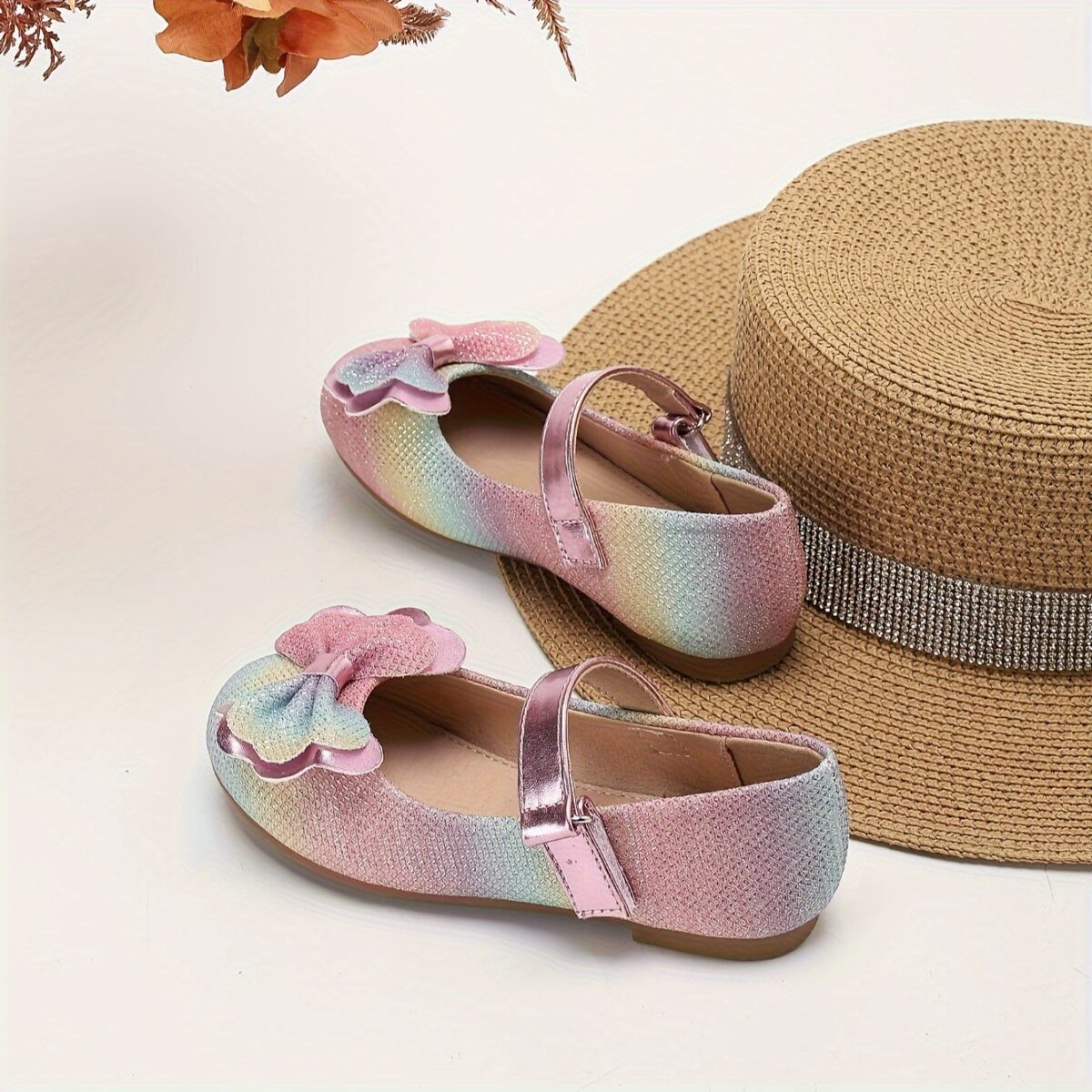 Adorable rainbow sparkly Mary Jane flats for girls perfect for adding a touch of sparkle to any outfit Comfortable and stylish kids shoes from Newness