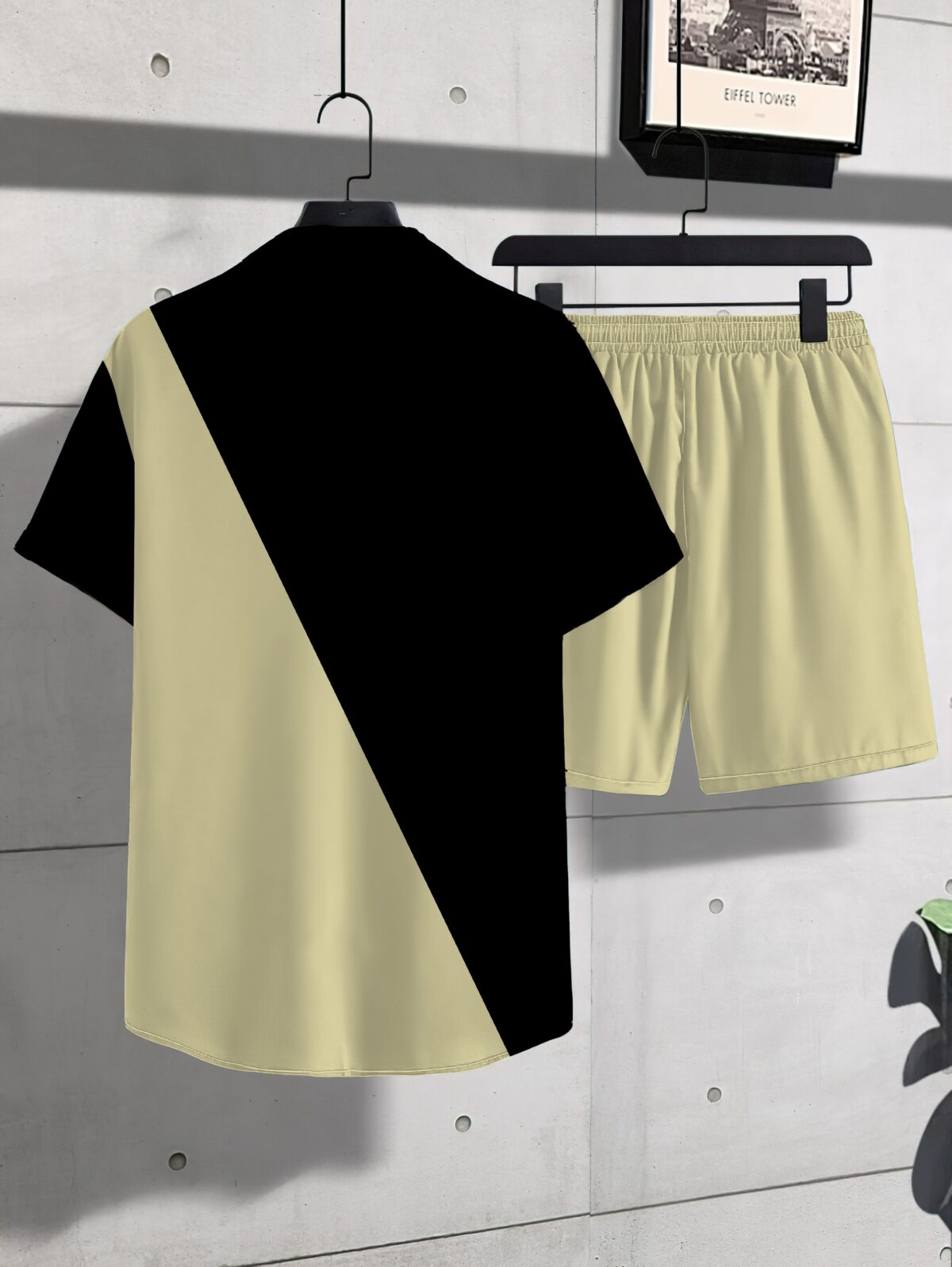Stylish monochrome printed shirt and shorts set in breathable polyester perfect for summer Model is wearing the matching shirt and shorts