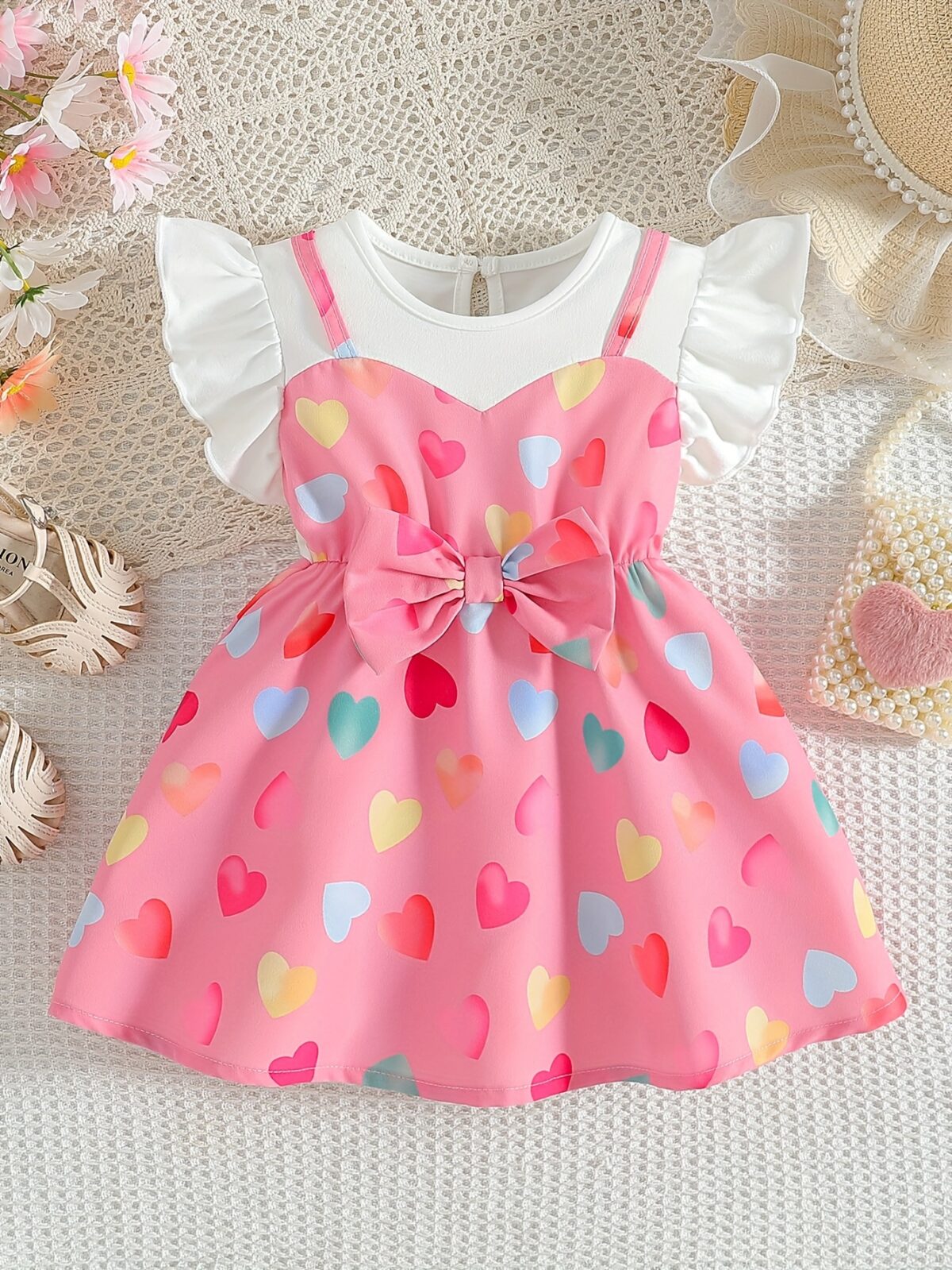 Adorable baby girl wearing a summer heart print dress perfect for school and special occasions