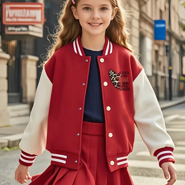 Lilac leopard heart varsity jacket and skirt set. Stylish girls' outfit featuring a lilac jacket with heart details and a leopard print skirt. Perfect for fall/winter.