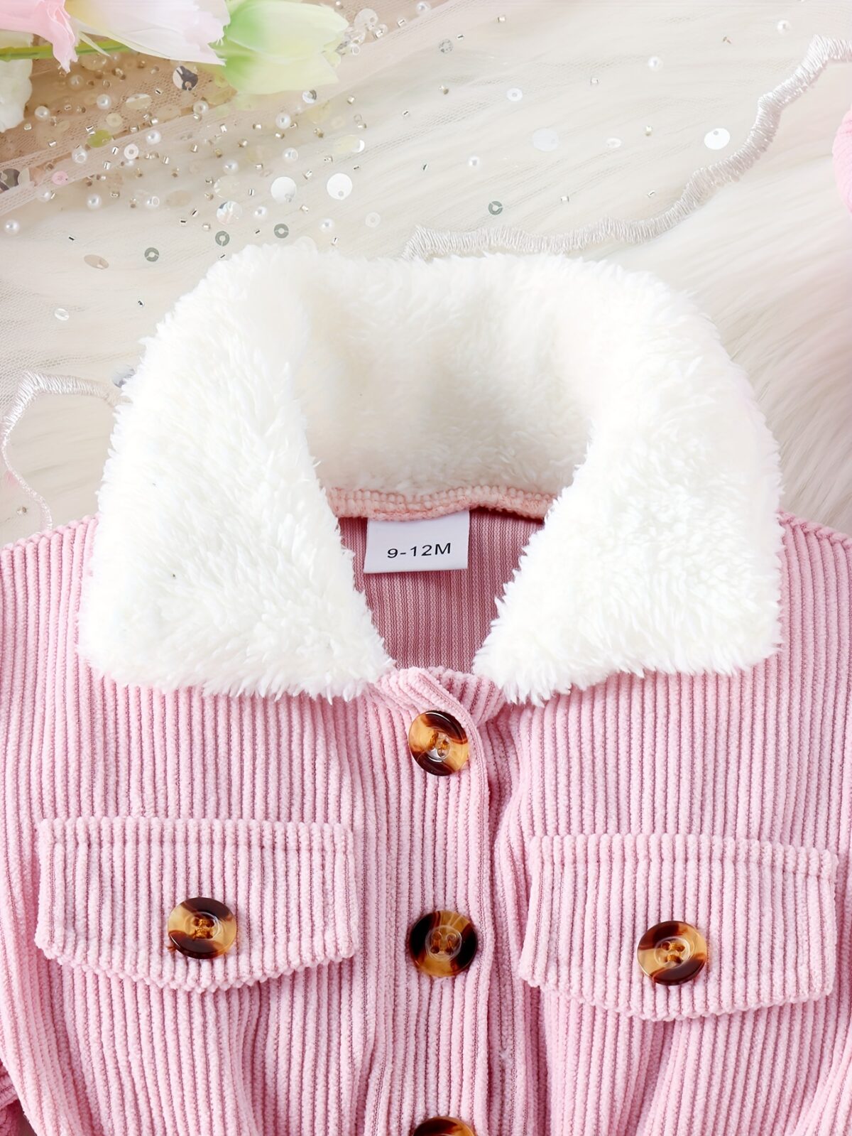 Adorable baby girl wearing a cozy corduroy dress set in fall colors perfect for autumn and winter The outfit includes a dress and matching pants