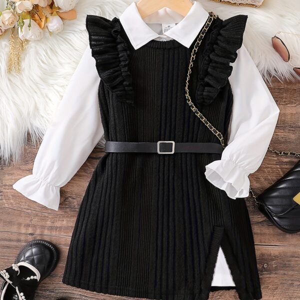 Adorable girls ruffle sleeve knit dress set perfect for spring or autumn The set features a stylish knit dress with elegant ruffle sleeves
