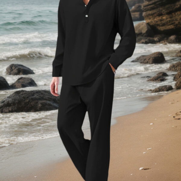 Model wearing the Newness Riviera Escape Mens Vacation Outfit a stylish and comfortable outfit perfect for a vacation getaway The outfit includes List the clothing items eg linen shirt chino shorts and loafers